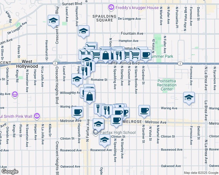map of restaurants, bars, coffee shops, grocery stores, and more near 918 North Genesee Avenue in West Hollywood