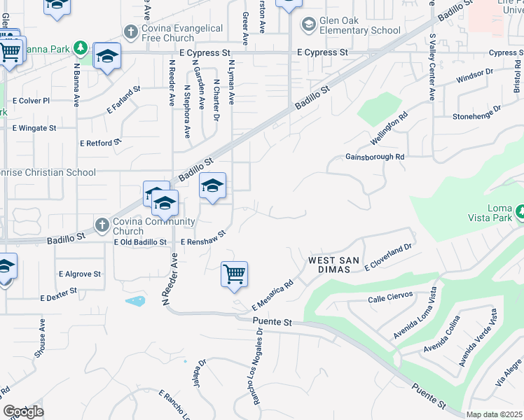 map of restaurants, bars, coffee shops, grocery stores, and more near 1951 Scarborough Lane in San Dimas