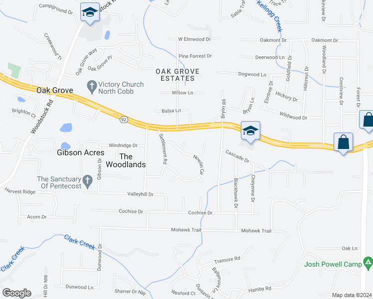 map of restaurants, bars, coffee shops, grocery stores, and more near 2480 Nowlin Circle in Acworth