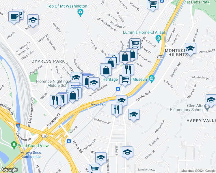 map of restaurants, bars, coffee shops, grocery stores, and more near 3516 Arroyo Seco Avenue in Los Angeles