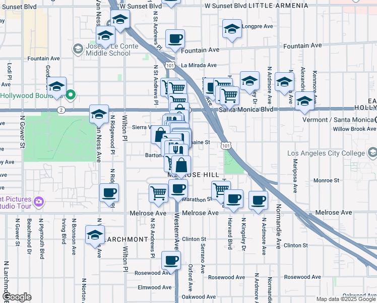 map of restaurants, bars, coffee shops, grocery stores, and more near 955 North Oxford Avenue in Los Angeles