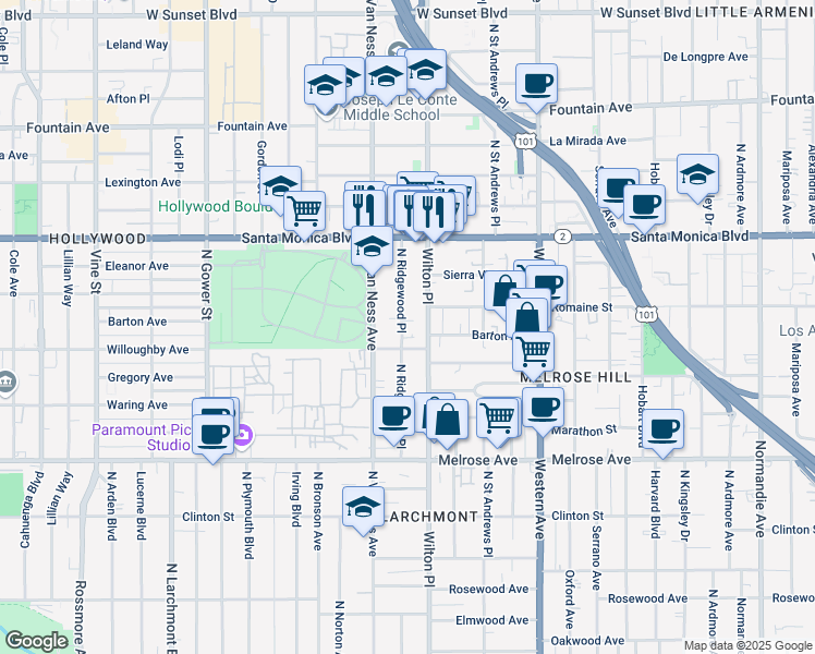 map of restaurants, bars, coffee shops, grocery stores, and more near 926 North Ridgewood Place in Los Angeles