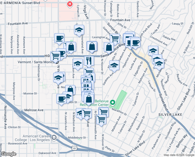 map of restaurants, bars, coffee shops, grocery stores, and more near 4221 Burns Avenue in Los Angeles
