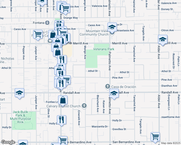 map of restaurants, bars, coffee shops, grocery stores, and more near 17143 Athol Street in Fontana