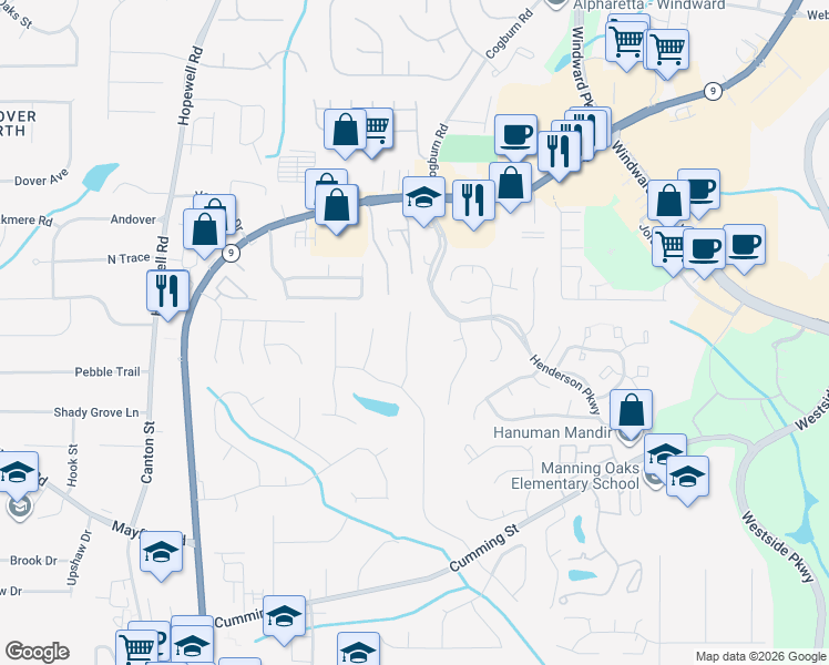 map of restaurants, bars, coffee shops, grocery stores, and more near 141 John Christopher Drive in Alpharetta