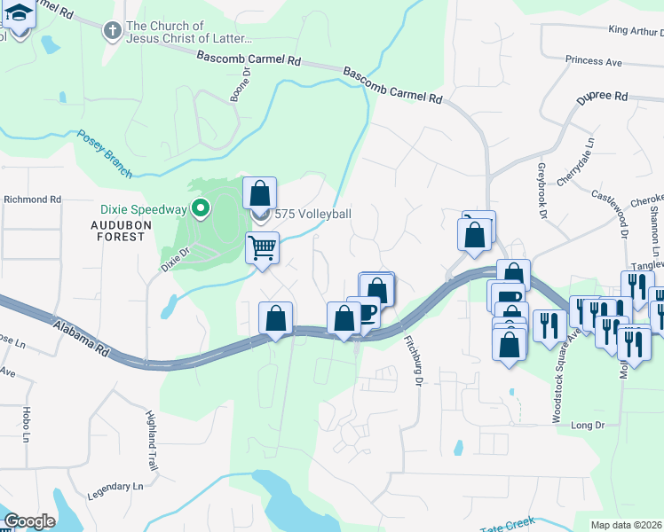 map of restaurants, bars, coffee shops, grocery stores, and more near 222 Bobbie Way in Woodstock
