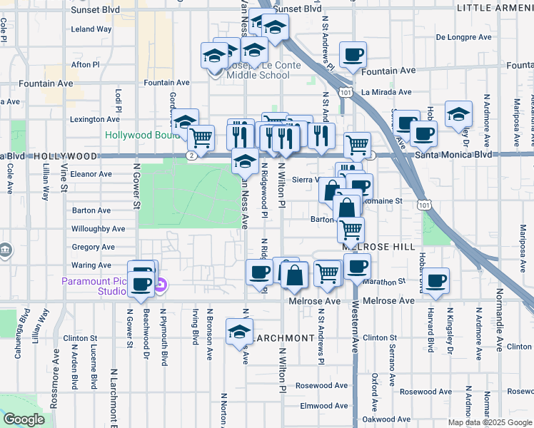 map of restaurants, bars, coffee shops, grocery stores, and more near 926 North Ridgewood Place in Los Angeles