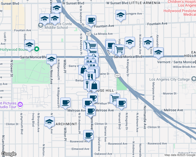 map of restaurants, bars, coffee shops, grocery stores, and more near 955 North Oxford Avenue in Los Angeles