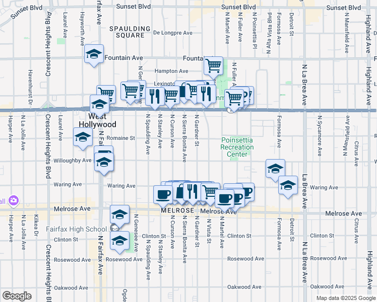 map of restaurants, bars, coffee shops, grocery stores, and more near 922 North Sierra Bonita Avenue in West Hollywood