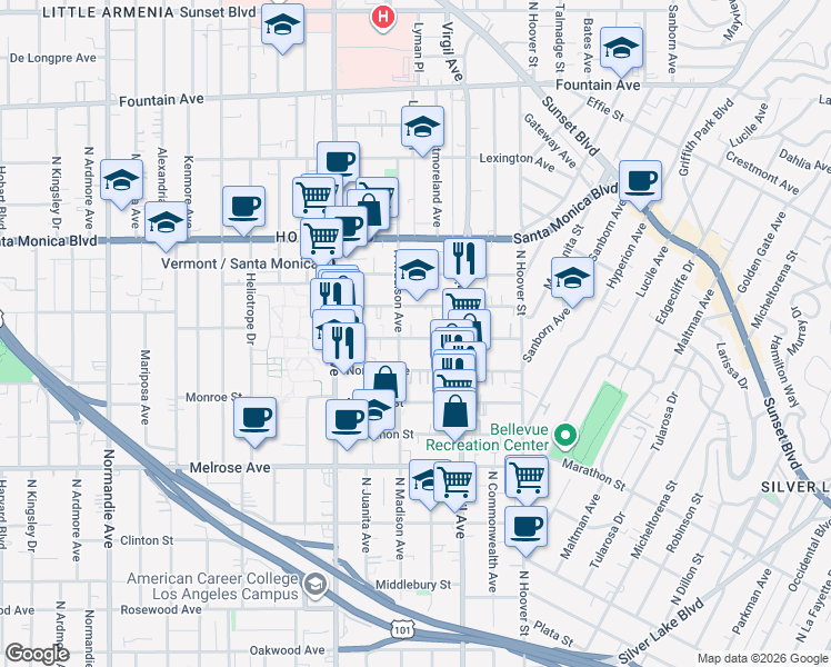map of restaurants, bars, coffee shops, grocery stores, and more near 4345 Burns Avenue in Los Angeles