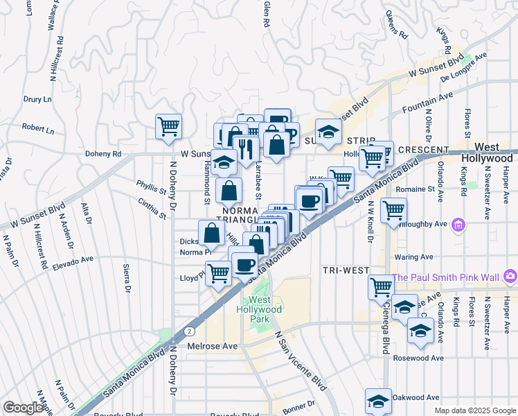 map of restaurants, bars, coffee shops, grocery stores, and more near Larrabee Street & Betty Way in West Hollywood
