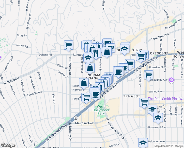 map of restaurants, bars, coffee shops, grocery stores, and more near 923 North San Vicente Boulevard in West Hollywood