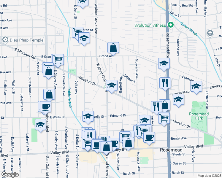 map of restaurants, bars, coffee shops, grocery stores, and more near 8607 Mission Drive in Rosemead