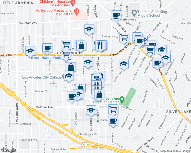 map of restaurants, bars, coffee shops, grocery stores, and more near 4307 Burns Avenue in Los Angeles