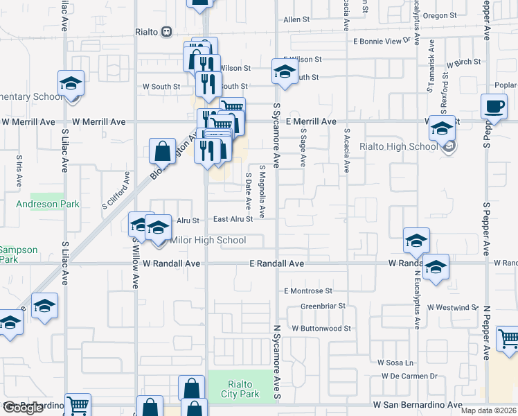 map of restaurants, bars, coffee shops, grocery stores, and more near 761 South Date Avenue in Rialto
