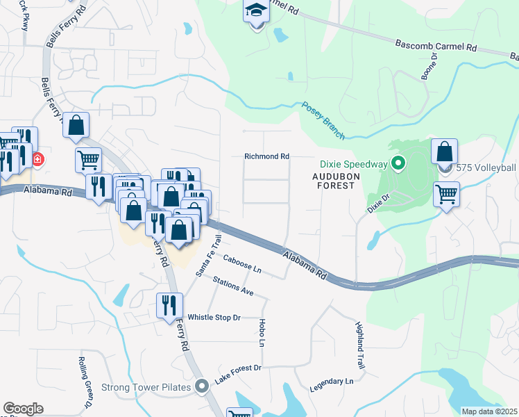 map of restaurants, bars, coffee shops, grocery stores, and more near 3008 Old Virginia Trail in Woodstock