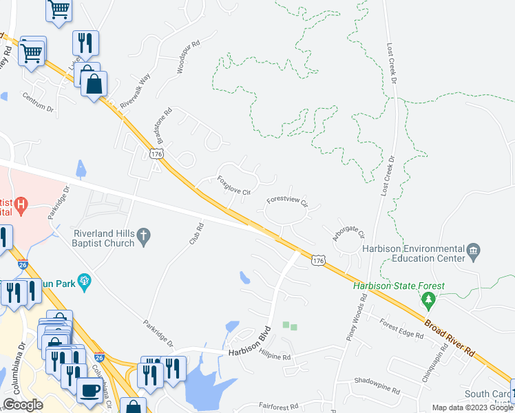 map of restaurants, bars, coffee shops, grocery stores, and more near 6 Forestgrove Court in Columbia