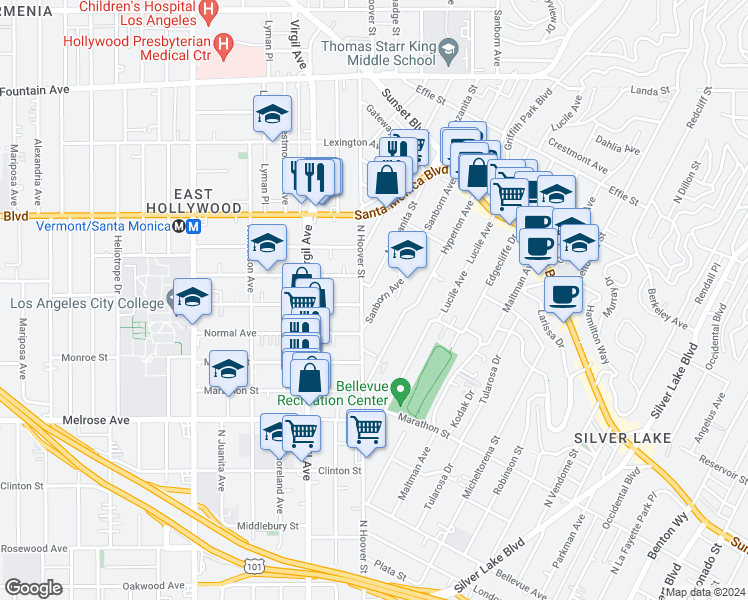 map of restaurants, bars, coffee shops, grocery stores, and more near 865 Sanborn Avenue in Los Angeles