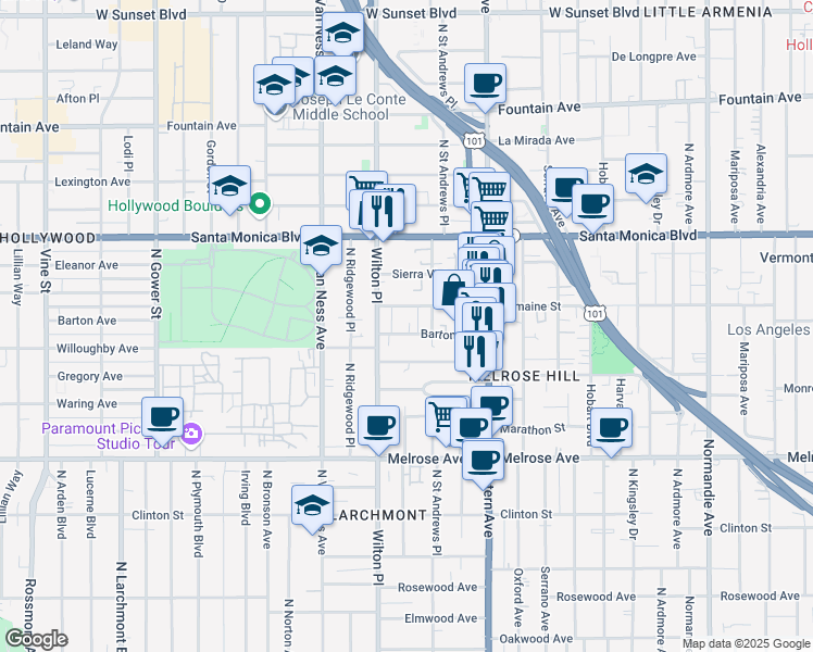 map of restaurants, bars, coffee shops, grocery stores, and more near 5524 Barton Avenue in Los Angeles