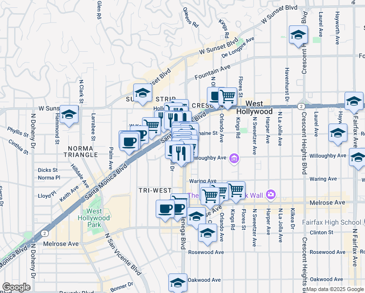 map of restaurants, bars, coffee shops, grocery stores, and more near 894 North West Knoll Drive in West Hollywood