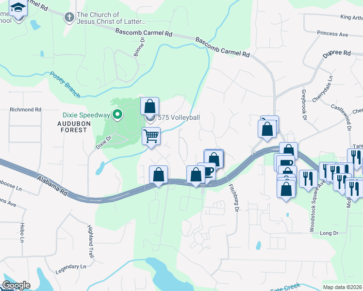 map of restaurants, bars, coffee shops, grocery stores, and more near 222 Bobbie Way in Woodstock