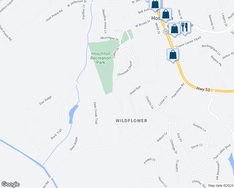 map of restaurants, bars, coffee shops, grocery stores, and more near 438 White Trillium Drive in Hoschton