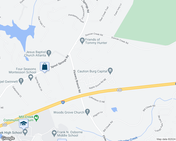 map of restaurants, bars, coffee shops, grocery stores, and more near 5146 Apple Grove Road Northeast in Buford