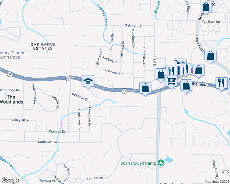 map of restaurants, bars, coffee shops, grocery stores, and more near 1517 Highway 92 in Acworth