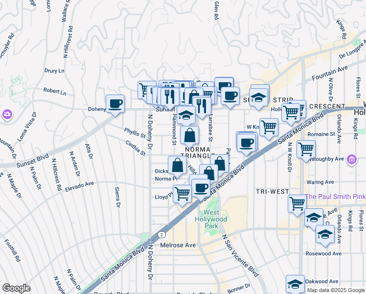 map of restaurants, bars, coffee shops, grocery stores, and more near 919 Hilldale Avenue in West Hollywood
