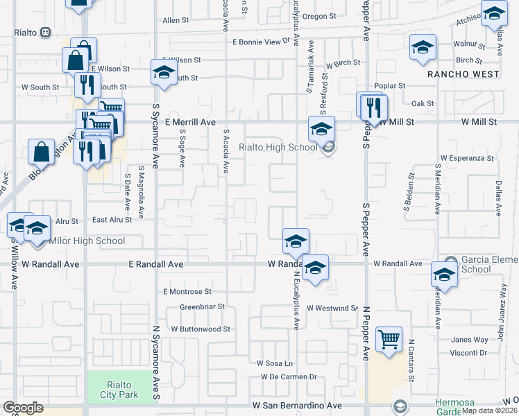 map of restaurants, bars, coffee shops, grocery stores, and more near 743 South Pine Avenue in Rialto