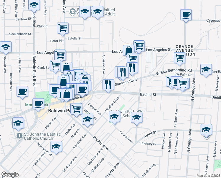 map of restaurants, bars, coffee shops, grocery stores, and more near 14759 Palmera Court in Baldwin Park