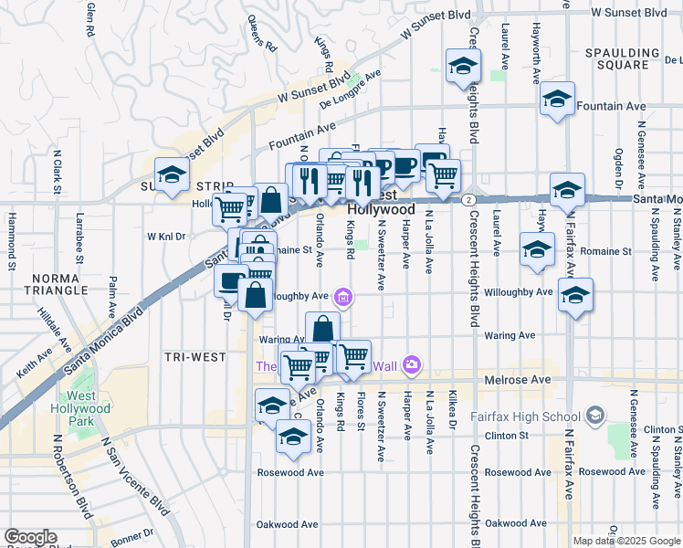 map of restaurants, bars, coffee shops, grocery stores, and more near 927 Kings Road in West Hollywood
