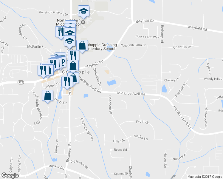 map of restaurants, bars, coffee shops, grocery stores, and more near 1000 Saint Michelle Drive in Alpharetta