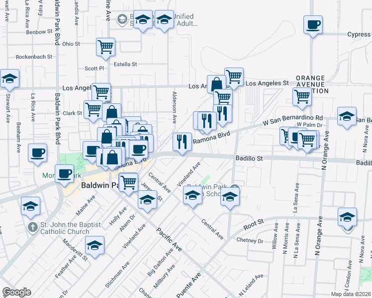 map of restaurants, bars, coffee shops, grocery stores, and more near 14759 Palmera Court in Baldwin Park