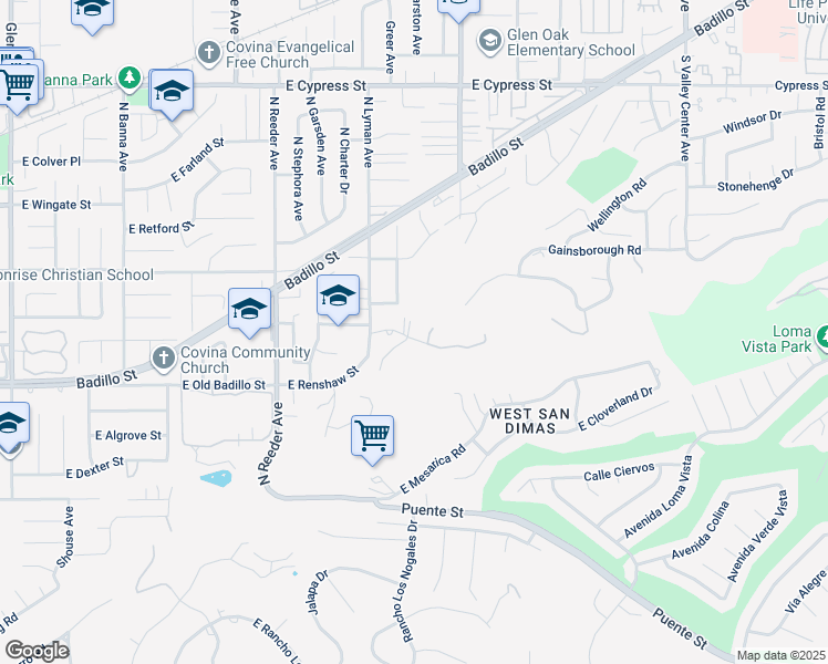 map of restaurants, bars, coffee shops, grocery stores, and more near 1951 Scarborough Lane in San Dimas