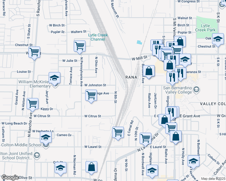 map of restaurants, bars, coffee shops, grocery stores, and more near 1789 North 8th Street in Colton
