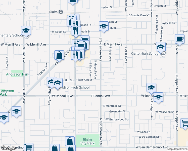 map of restaurants, bars, coffee shops, grocery stores, and more near 761 South Date Avenue in Rialto