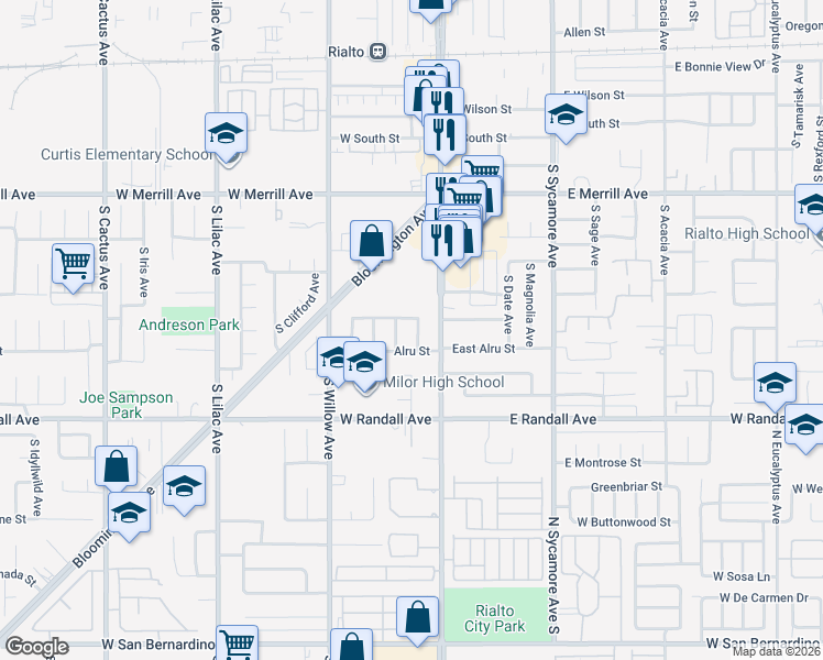 map of restaurants, bars, coffee shops, grocery stores, and more near 739 South Palm Avenue in Rialto