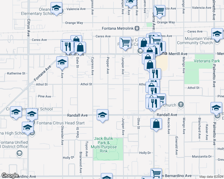 map of restaurants, bars, coffee shops, grocery stores, and more near 9148 Juniper Avenue in Fontana