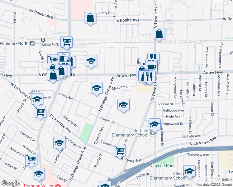 map of restaurants, bars, coffee shops, grocery stores, and more near 2285 Spencer Avenue in Pomona