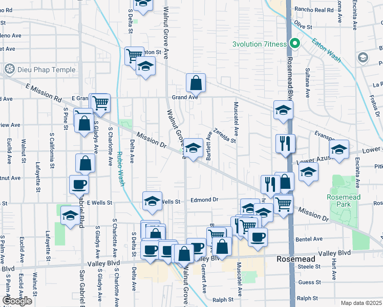 map of restaurants, bars, coffee shops, grocery stores, and more near 8607 Mission Drive in Rosemead