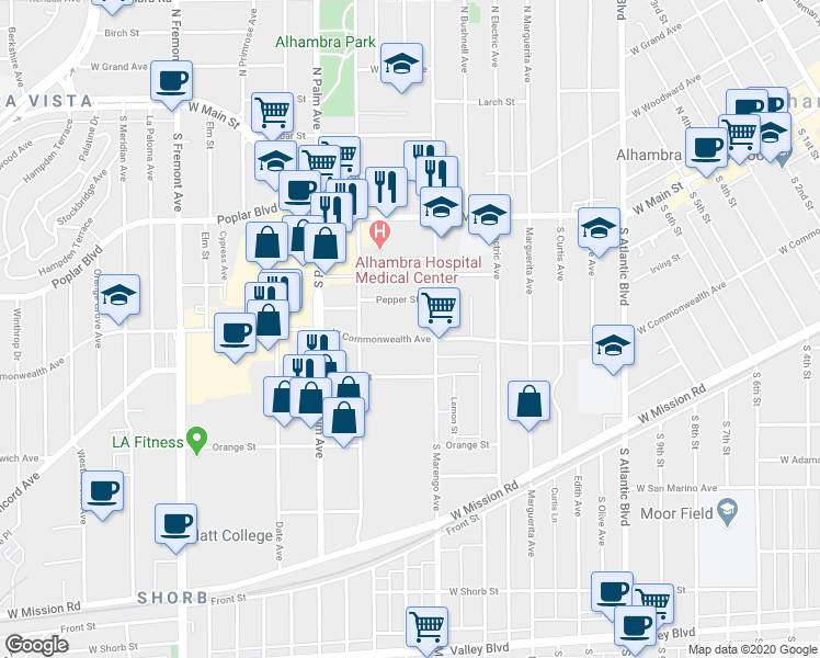 map of restaurants, bars, coffee shops, grocery stores, and more near 1720 West Commonwealth Avenue in Alhambra