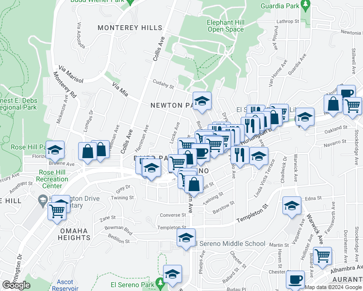 map of restaurants, bars, coffee shops, grocery stores, and more near 3547 El Sereno Avenue in Los Angeles