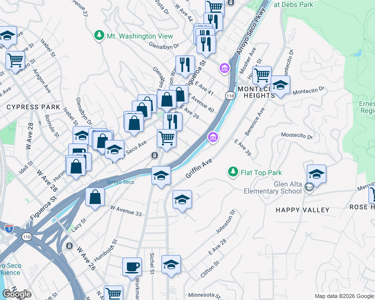 map of restaurants, bars, coffee shops, grocery stores, and more near 139 East Avenue 36 in Los Angeles