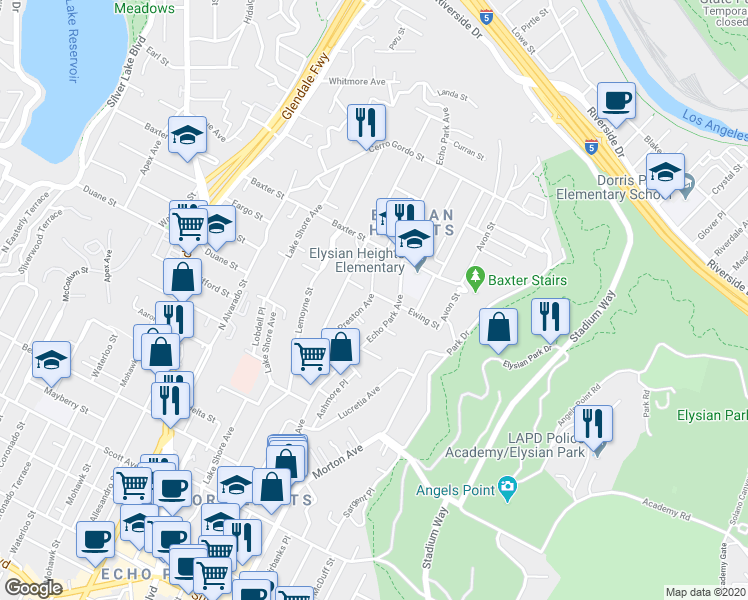 map of restaurants, bars, coffee shops, grocery stores, and more near 1957 Echo Park Avenue in Los Angeles