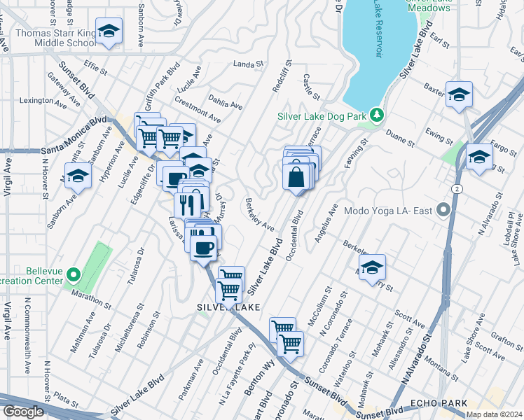 map of restaurants, bars, coffee shops, grocery stores, and more near 3033 Berkeley Circle in Los Angeles