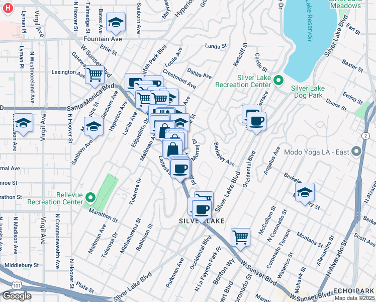 map of restaurants, bars, coffee shops, grocery stores, and more near 3330 Hamilton Way in Los Angeles