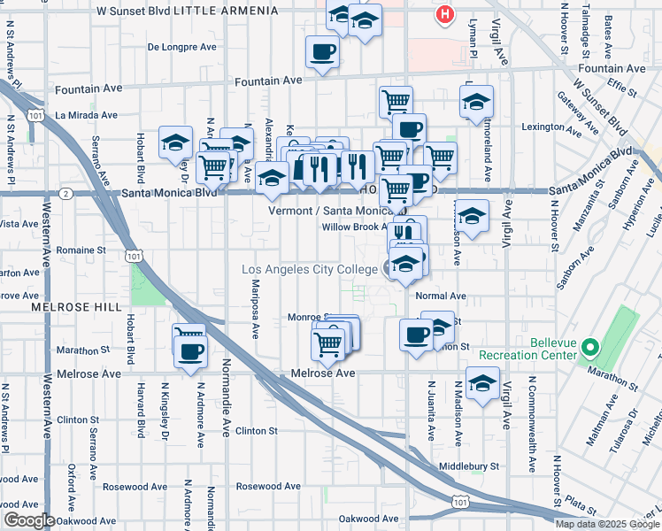 map of restaurants, bars, coffee shops, grocery stores, and more near in Los Angeles