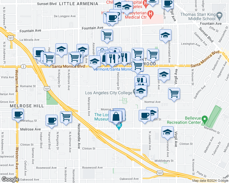 map of restaurants, bars, coffee shops, grocery stores, and more near in Los Angeles