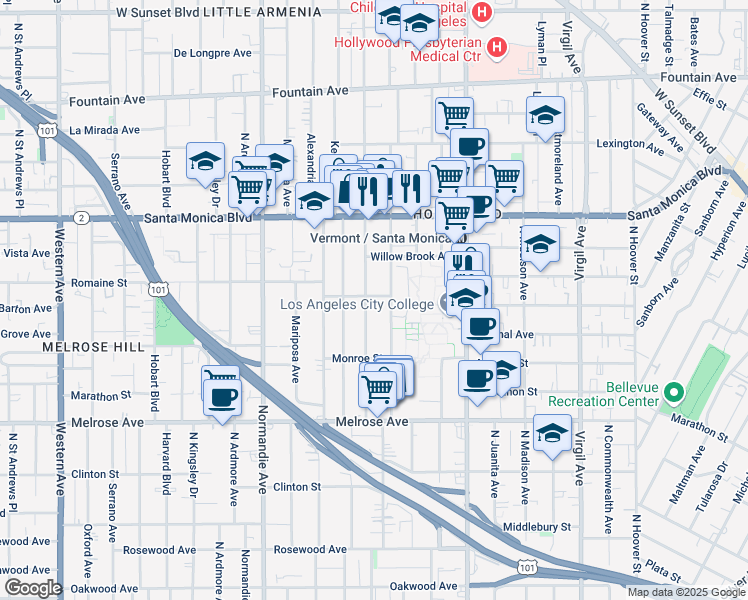 map of restaurants, bars, coffee shops, grocery stores, and more near in Los Angeles